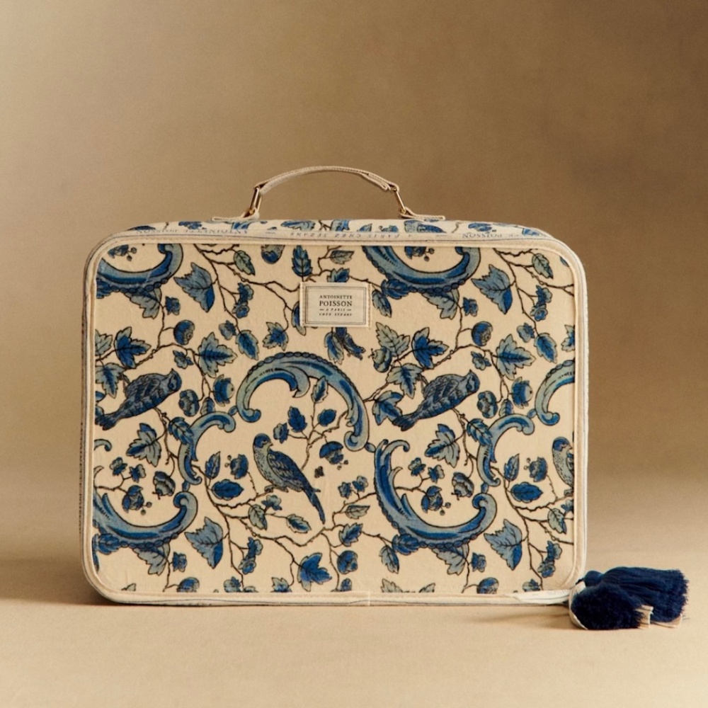 Sézane x Antoinette Poisson Collab Blue Floral Bird Travel Bag/Suitcase